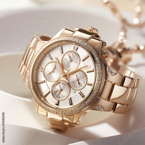 Women's luxury gold watch with diamonds on a white background.