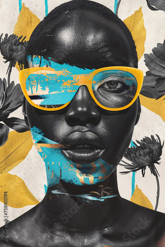 Portrait of african woman with yellow glasses and floral elements. Generative AI image
