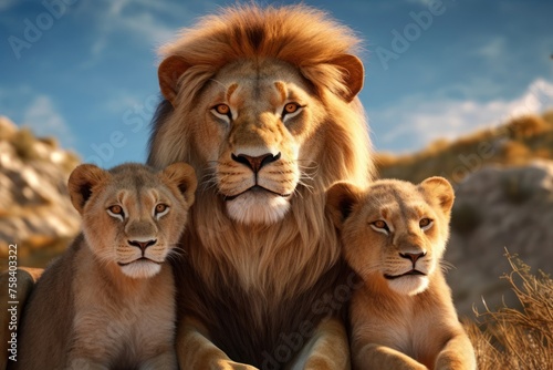 Close up portrait of a lion male and two cubs. Concept of wild animals in natural habitat.