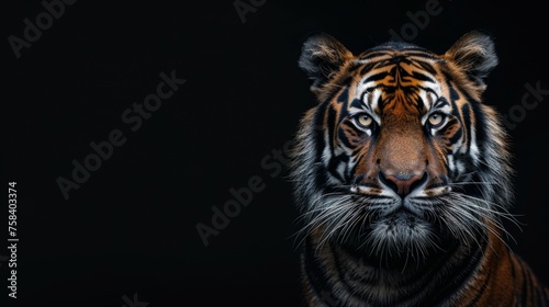 Majestic male tiger and playful cub pose together, empty space for text on left side