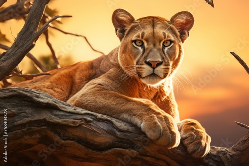 Beautiful Portrait of a Cougar. mountain lion, puma, panther taking a rest on a tree and looking at camera. Concept of wild animals in natural habitat.