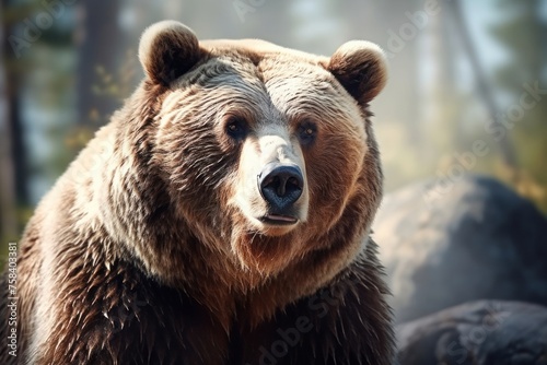 A close up portrait of a brown bear (Ursus arctos) looked at camera wild nature on a background. Concept of wild animals in natural habitat.