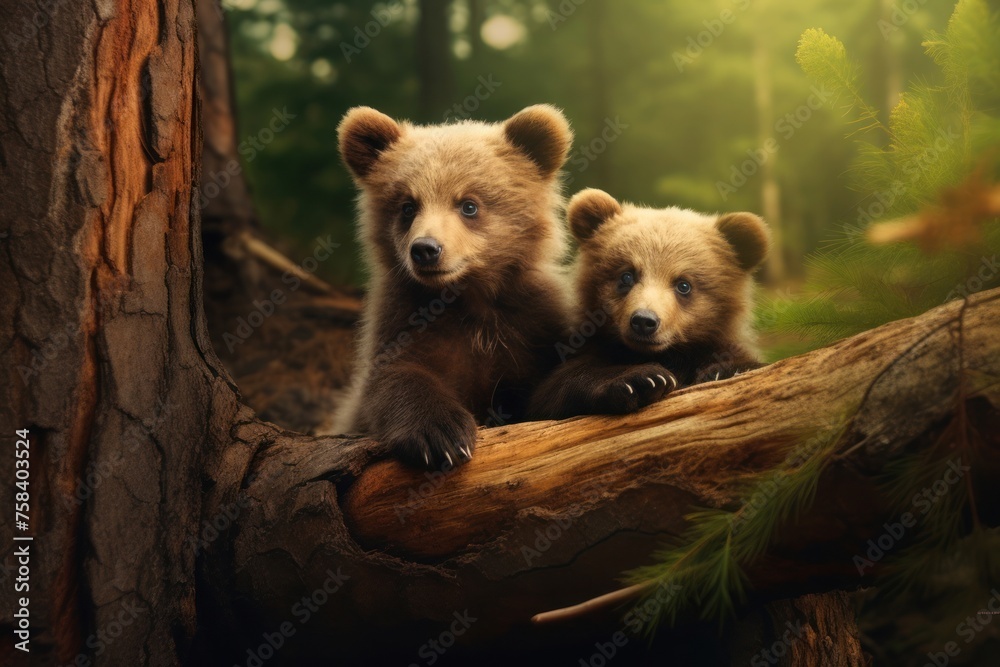 Obraz premium Portrait of two cute young brown bear cub in the forest. Concept of wild animals in natural habitat.