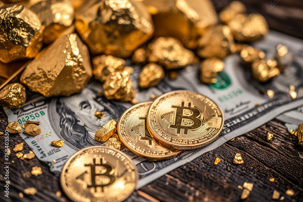 © ADDICTIVE STOCK - Gold nuggets and Bitcoin coins on dollar bills. Generative AI image © ADDICTIVE STOCK - Gold nuggets and Bitcoin coins on dollar bills. Generative AI image