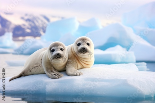 Two twins seals (Lobodon carcinophagus) on the Antarctic ice background. Concept of wild animals in natural habitat.