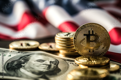 Bitcoin and US Dollar with American Flag Background. Generative AI image photo