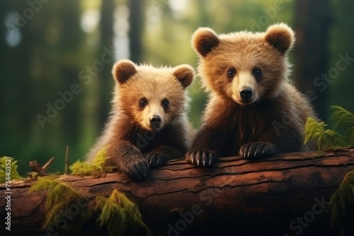 Portrait of two cute young brown bear cub are looking out of tree in the deep forest background. Concept of wild animals in natural habitat.