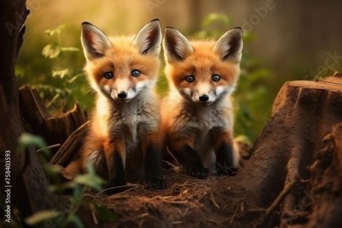 Two red fox cubs are looking out burrow and posing on camera. Concept of wild animals in natural habitat. photo