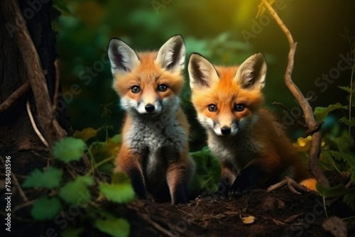 Two red fox cubs are looking out green leaves and posing on camera. Concept of wild animals in natural habitat.