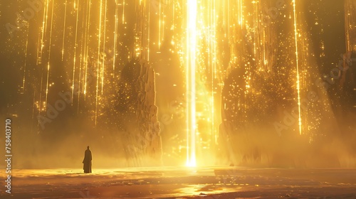 a powerful deity manifests as golden light rays, guiding the protagonist on a quest for enlightenment. attractive look