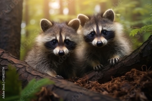 Two young Raccoon, Procyon lotor, hidden in the green vegetation. Concept of wild animals in natural habitat.