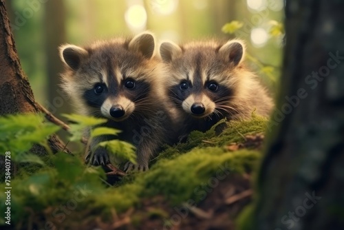 Portrait of two Raccoon cubs, Procyon lotor, look out from green vegetation. Concept of wild animals in natural habitats.