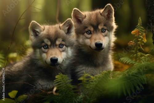 Portrait of two wolf cubs (Canis lupus) hidden in the green vegetation. Concept of wild animals in natural habitat. © Наиля Якубова