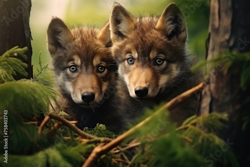 Portrait of two wolf cubs hidden in the green vegetation. Concept of wild animals in natural habitat.