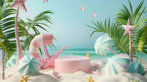 render of Abstract minimalist background fo summer beach scene. Summer time season.