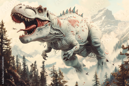 Plakat w stylu vintage, dinozaur na tle gór © DinoBlue