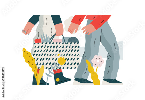 Mutual Support: Helping carry a heavy bag -modern flat vector concept illustration of a woman carrying shopping bag being assisted by man. Metaphor of voluntary, collaborative exchanges of services