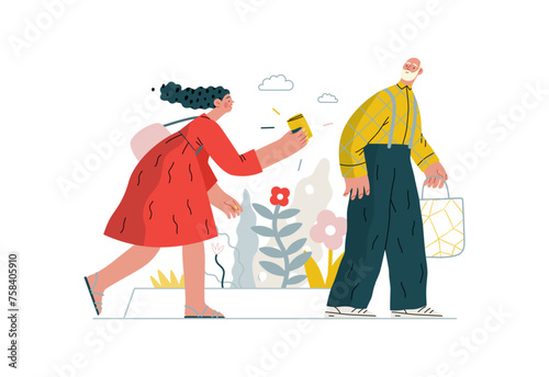 Mutual Support: Picking Up the Dropped Item -modern flat vector concept illustration of a woman who picked up a wallet lost by an elderly man Metaphor of voluntary, collaborative exchanges of services