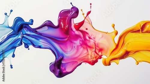 Abstract liquid color explosion with curved waves and paint drops on a white background, creating a dynamic and artistic pattern