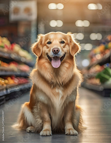 Happy smiling dog at supermarket. Pet friendly concept. 