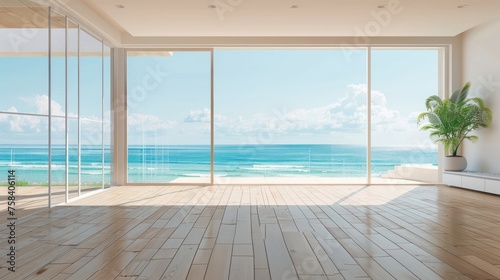 Modern living room with wooden floor and empty wall with beach view background. AI generated image