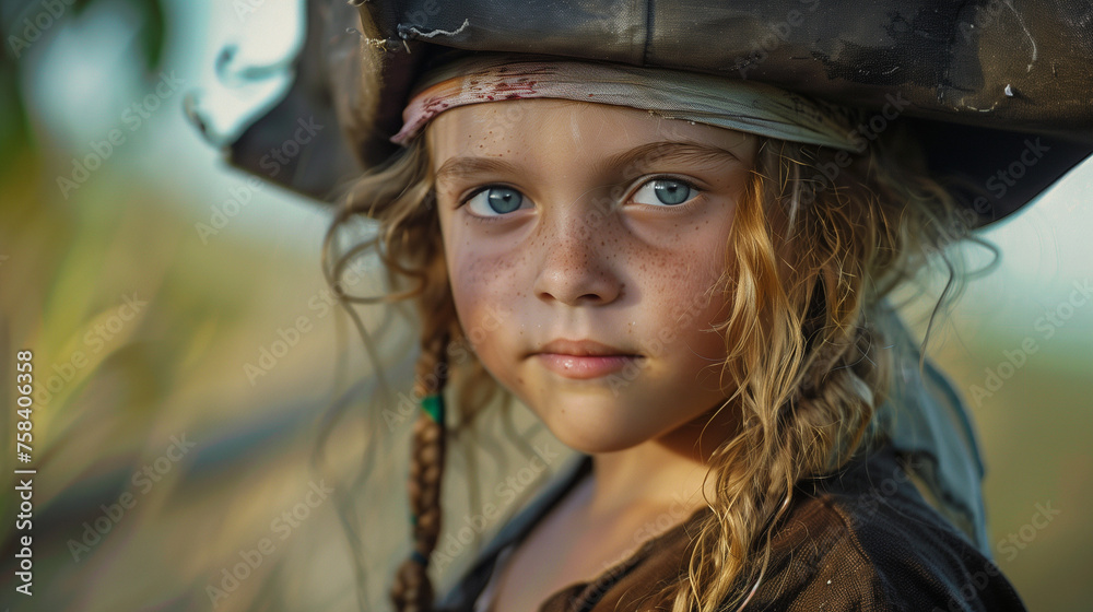 Pirate Child with Hat on Ship with Serious Expression Pirate Child with Hat on Ship with Serious Expression