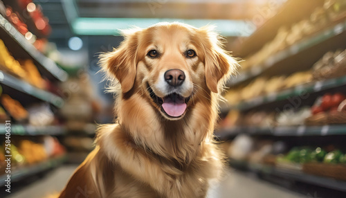 Happy smiling dog at supermarket. Pet friendly concept. 