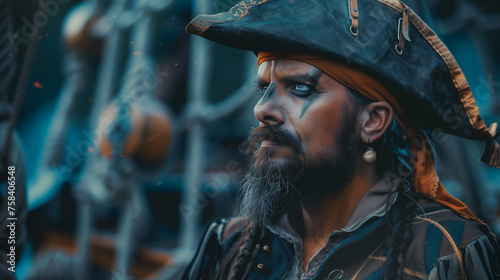 Pirate with Hat and Beard on Ship with Serious Expression