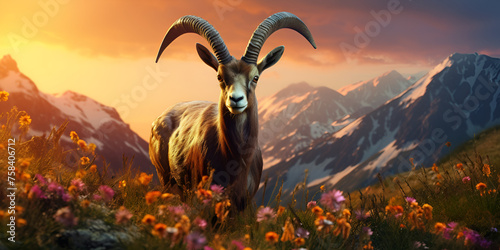 Male Ibex in the mountains AI Generative 
