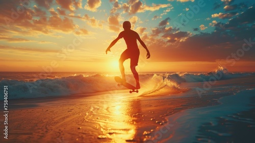Portrait skateboarder riding a skate at sunset, Copy space. generative AI image