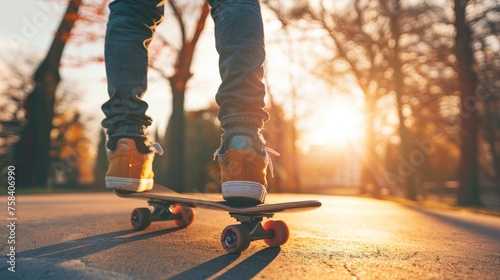 Portrait skateboarder riding a skate at sunset, Copy space. generative AI image