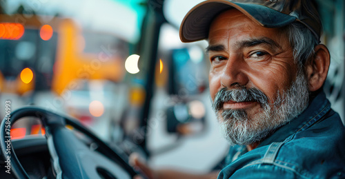 Latino truck driver looking at camera