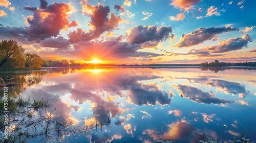 A serene lakeside scene at sunset, with colorful clouds reflected on the water. attractive look