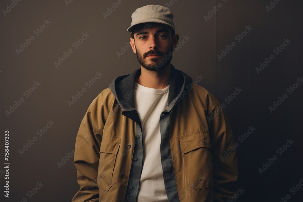 Portrait of a handsome young man in a stylish jacket and cap. Portrait of a handsome young man in a stylish jacket and cap.