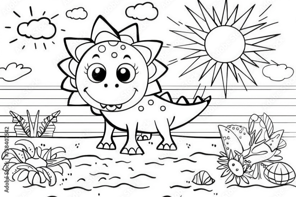 A dinosaur in the sand with a sun in the background, coloring book for kids. A dinosaur in the sand with a sun in the background, coloring book for kids.