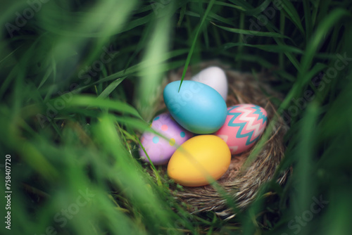 Nest of colorful Easter Eggs hidden tall grass found during Easter Egg hunt search. © Leigh Prather