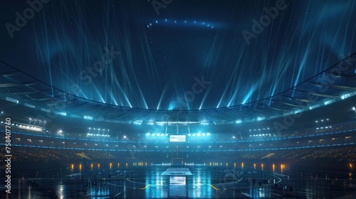 Portrait of football stadium at night with bright lights, sports background. generative AI image photo