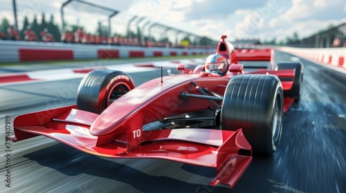 Close up front view fast red race car on a track in circuit arena. AI generated image