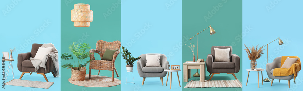 Collage of stylish armchairs with tables, lamps and decorations on green and blue backgrounds - obrazy, fototapety, plakaty 