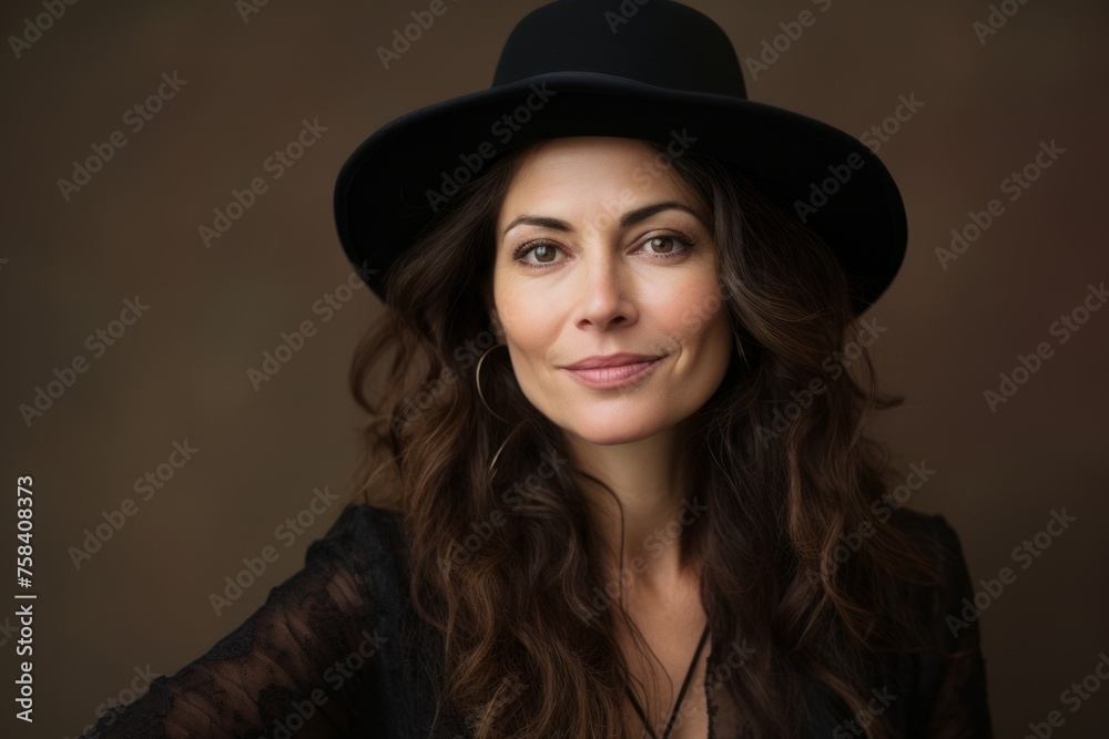 Portrait of a beautiful brunette woman wearing black dress and hat Portrait of a beautiful brunette woman wearing black dress and hat