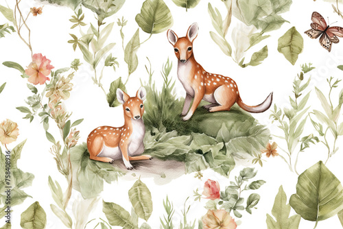 seamless forest watercolor art cute woodland decor wallpaper mouse fabric wild fawn painted pattern baby wall animals landscape summer deer hand baby nursery illustration