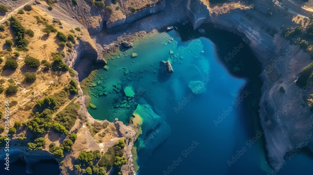 Scenic Volcanic Crater Lake, beauty, crystal clear, blue waters, rugged terrain