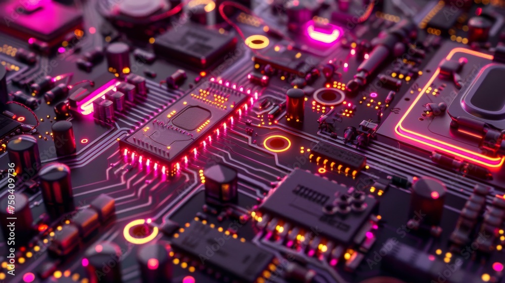 close up of an ev battery circuit with neon lights in detail, circuit board.