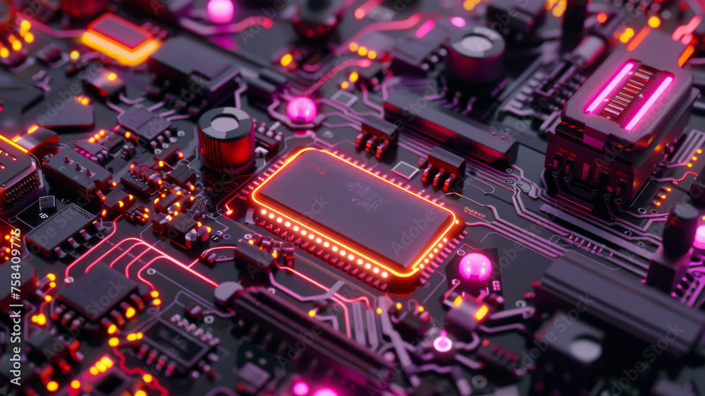 Fototapeta premium close up of an ev battery circuit with neon lights in detail, circuit board.