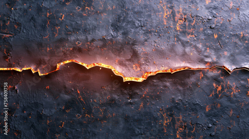 metal texture background that is torn in half with glowing fire edge