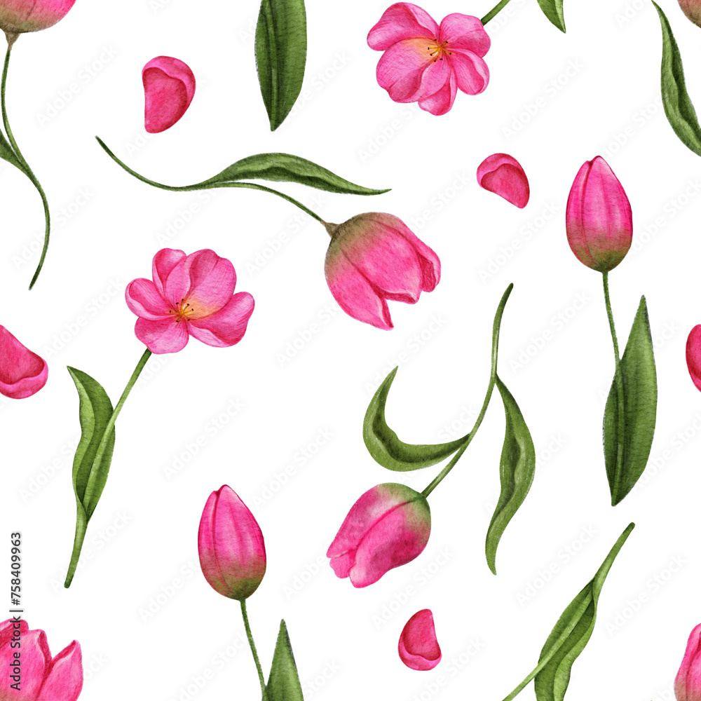Seamless pattern, watercolor floral illustration tulips,  for wedding stationary, easter greetings, wallpapers, fashion ,poster, background. Hand draw digital