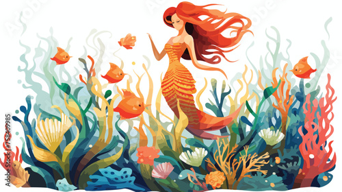 A mermaid swimming through a coral reef filled with