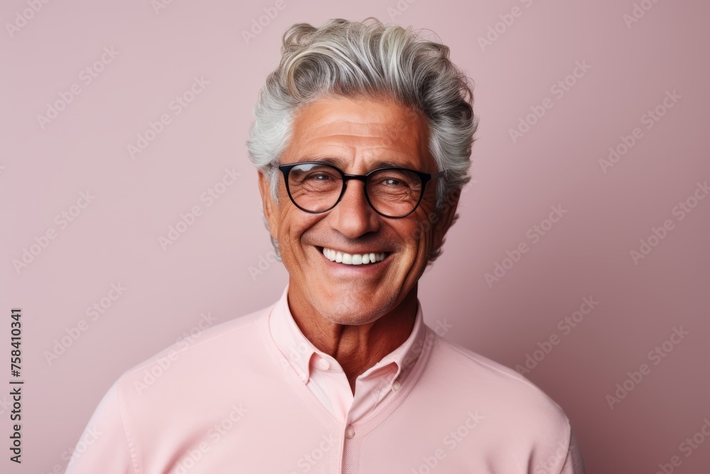 Portrait of a smiling senior man in eyeglasses against pink background Portrait of a smiling senior man in eyeglasses against pink background