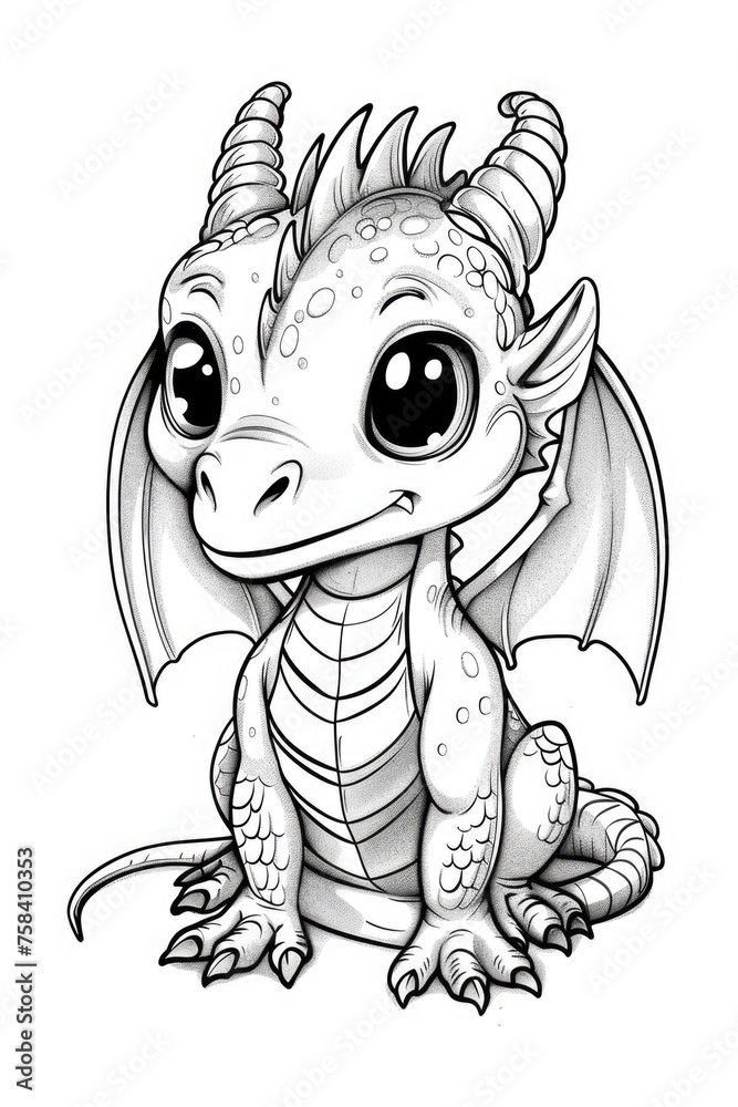 Obraz premium A cute little dragon sitting on the ground, coloring book for kids.