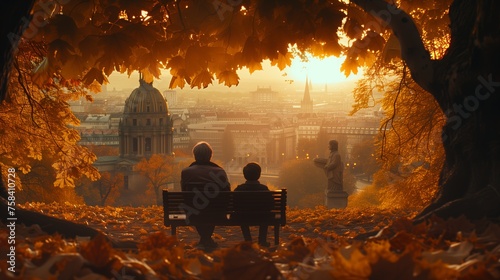 Father and Son Enjoying Autumn Scenery on Father's Day